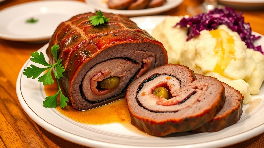 Traditional German Beef Rouladen Recipe Slices of Beef Rouladen on a plate with mashed potatoes and red cabbage, garnished with parsley.
